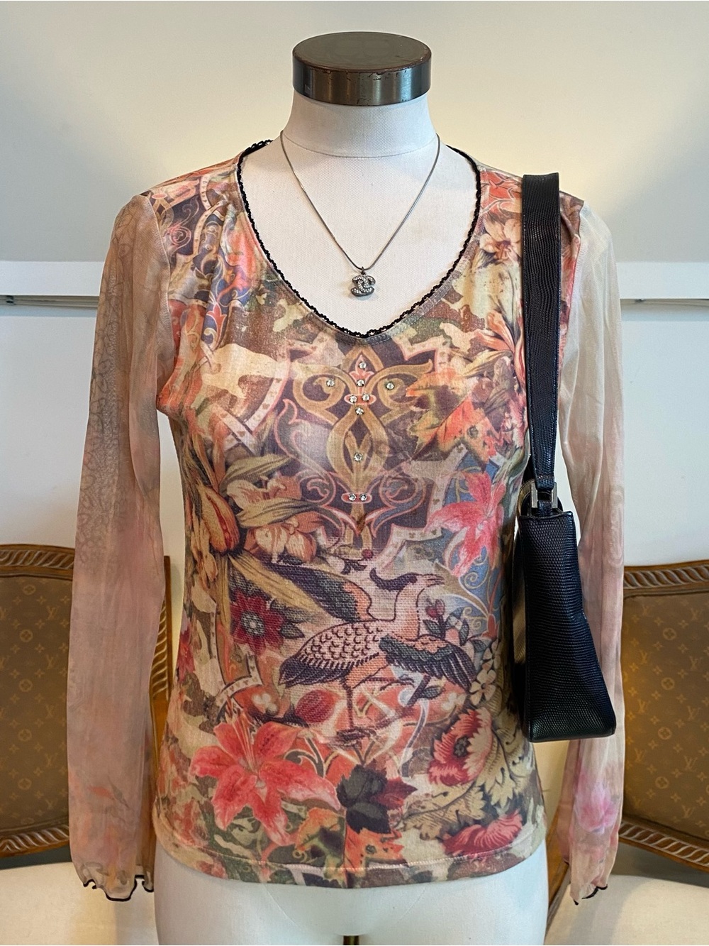 Y2K Whimsical Fairy Grunge Long Sleeve Sheer Mesh Top w Floral & Bird Graphic